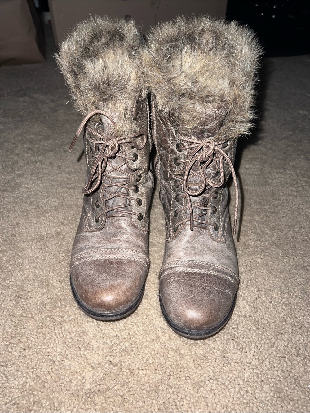 Steve Madden Taupe Brown Faux Fur Lace-Up Ankle Boots